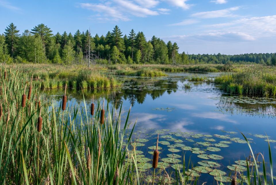 A calm marsh with cattails, lily pads and open water, with a forest edge behind it.