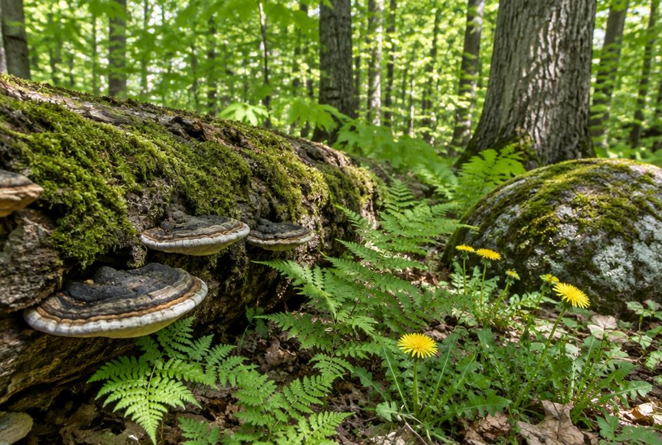 A mossy fallen log with shelf fungi, ferns, dandelions and a mossy rock on a sunny forest floor.