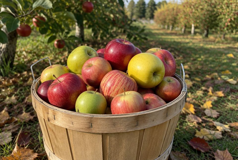 A wooden bushel basket of apples in an orchard, with apples of many sizes and shades of red, yellow and green.