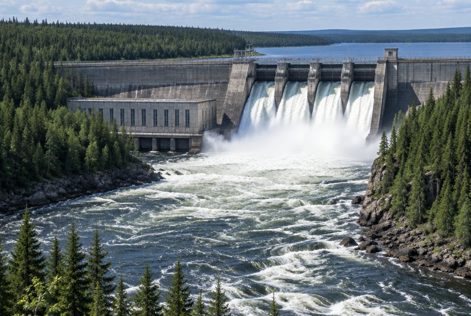 A large concrete hydroelectric dam on a river in a spruce forest, with white water rushing from the spillway.
