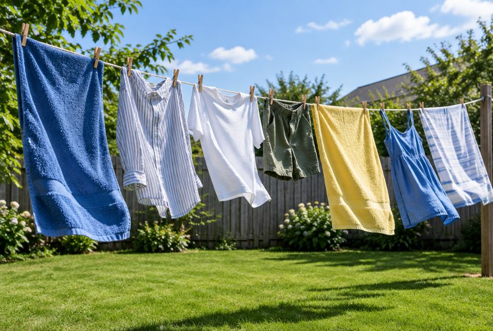 Towels and clothes drying on a backyard clothesline with wooden clothespins on a sunny day.