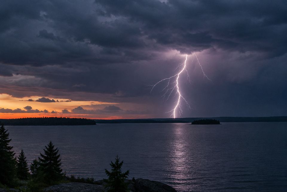 A bright bolt of lightning flashes from dark storm clouds over a wide lake at dusk.