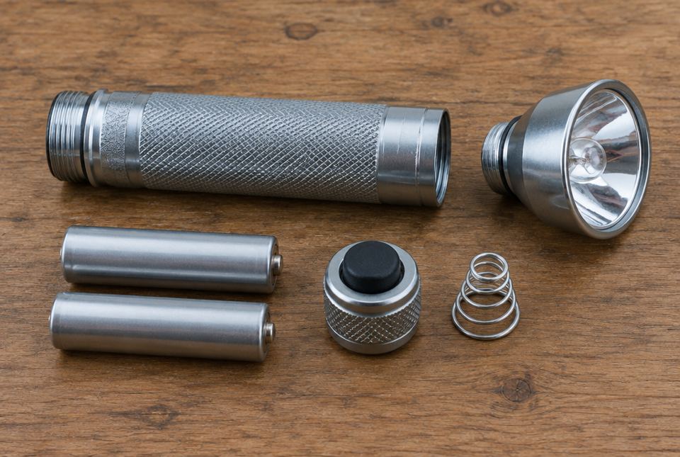 A metal flashlight taken apart on a table: the tube, two batteries, a bulb in its reflector, a switch cap and a spring.