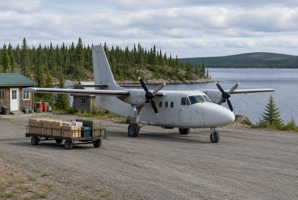 A small twin-propeller plane on a gravel airstrip beside a lake and forest, with a cart of supply boxes.