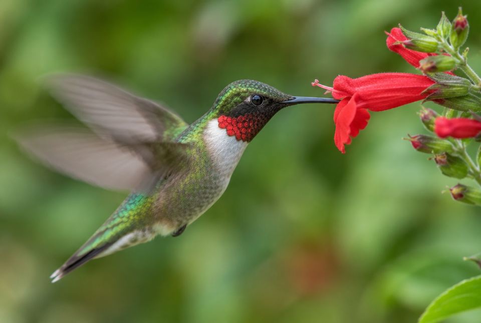 A ruby-throated hummingbird with a green back and red throat hovering beside a red flower.