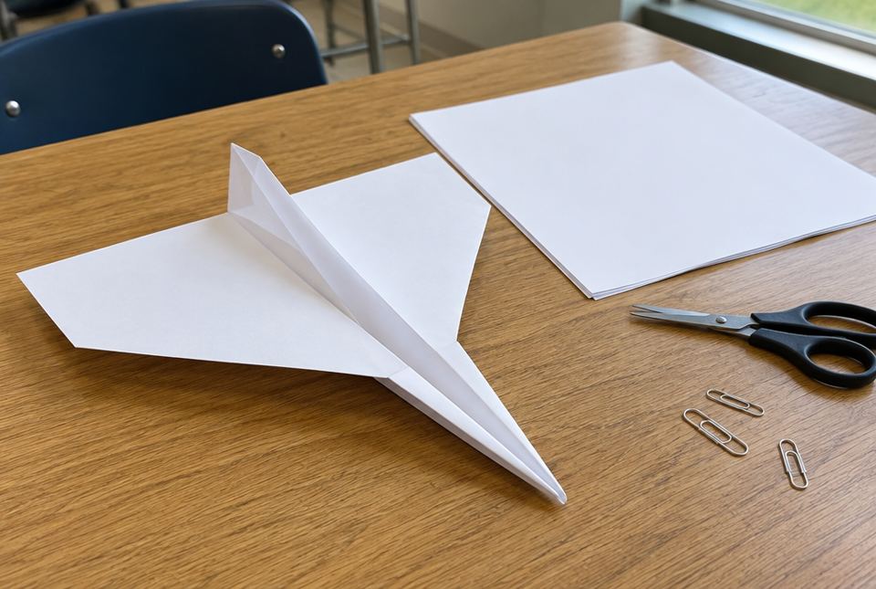 A white folded paper glider with wide wings on a classroom table, next to paper, scissors and paper clips.