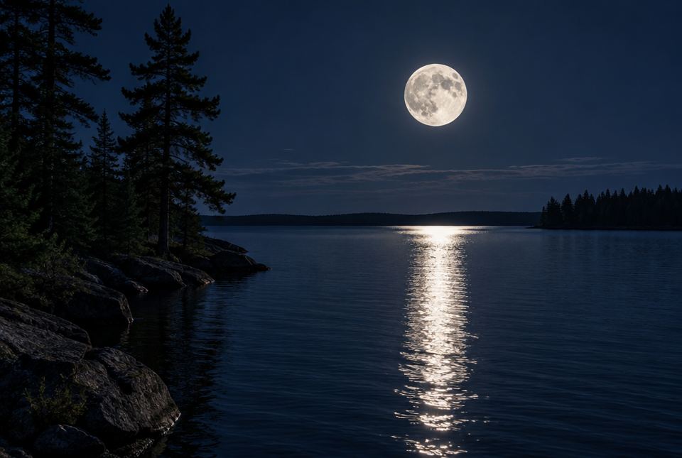 A full Moon rising over a lake at night, with a silvery path of moonlight on the water.