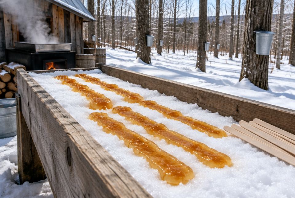 Strips of golden maple taffy cooling on snow in a wooden trough at a sugar shack.