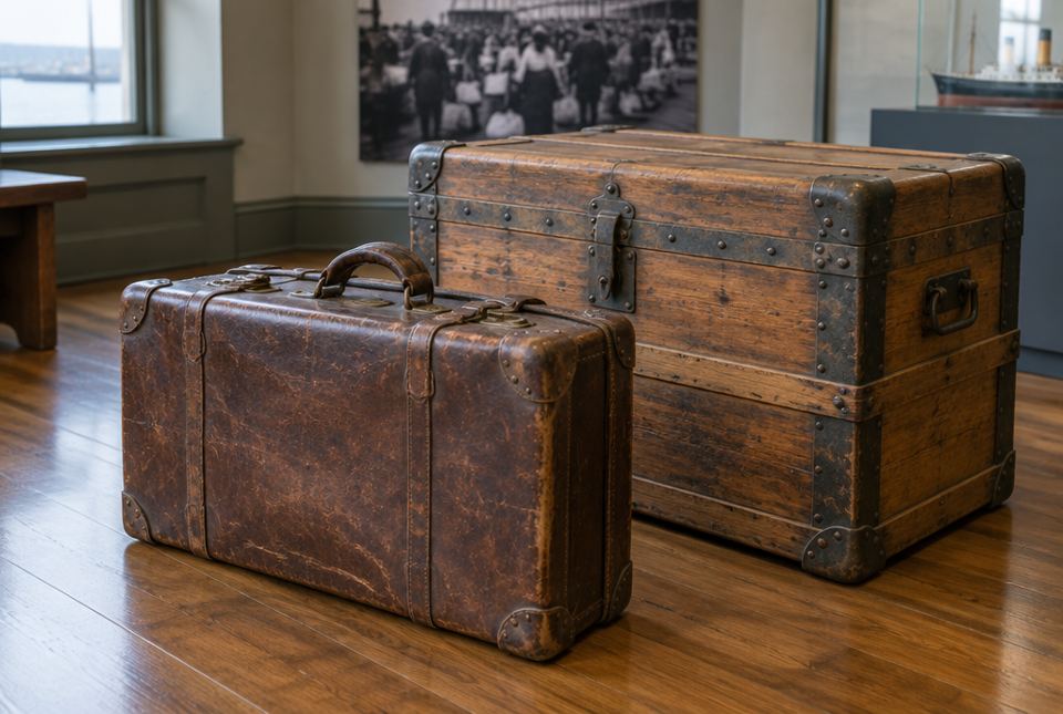 An old leather suitcase and a wooden trunk with metal corners on a museum floor.