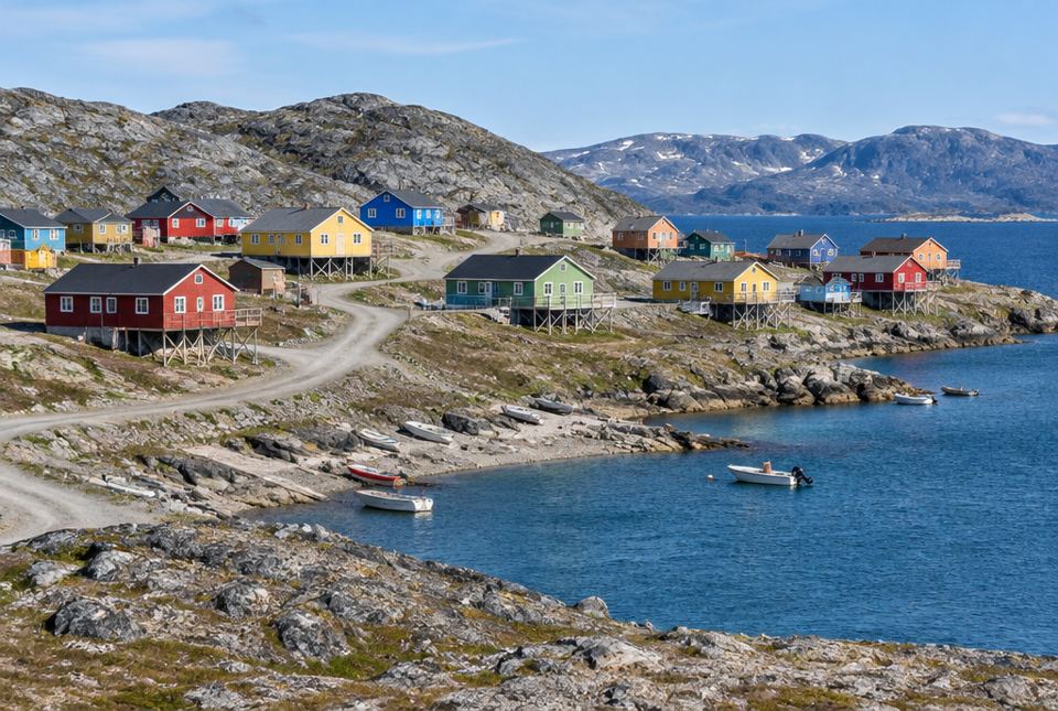 A small Arctic town of colourful houses on rocky hills beside a bay.