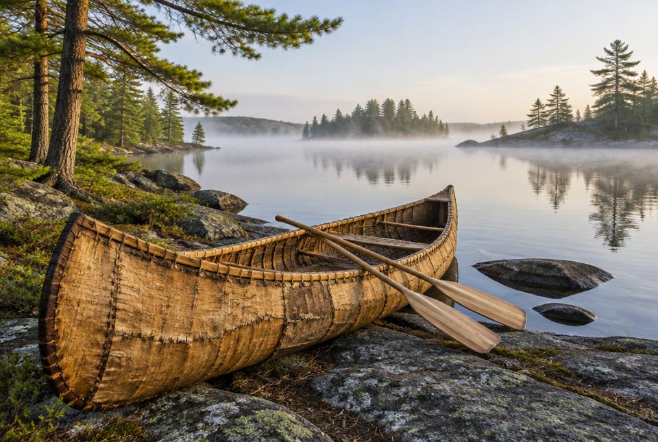 A birchbark canoe resting on the rocky shore of a misty lake.