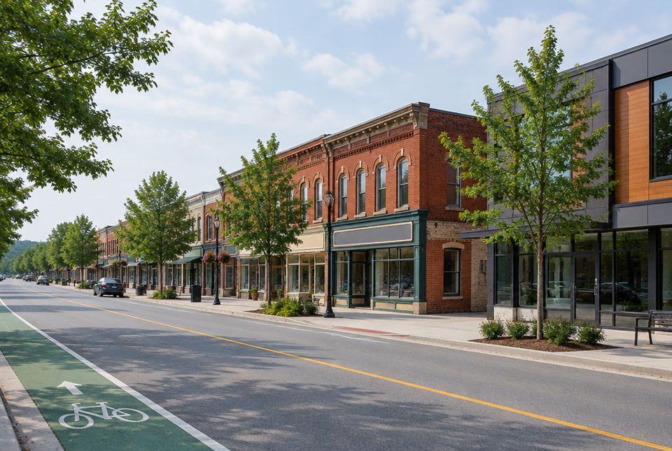 A small-town main street with old red-brick buildings beside a newer building and a bike lane.