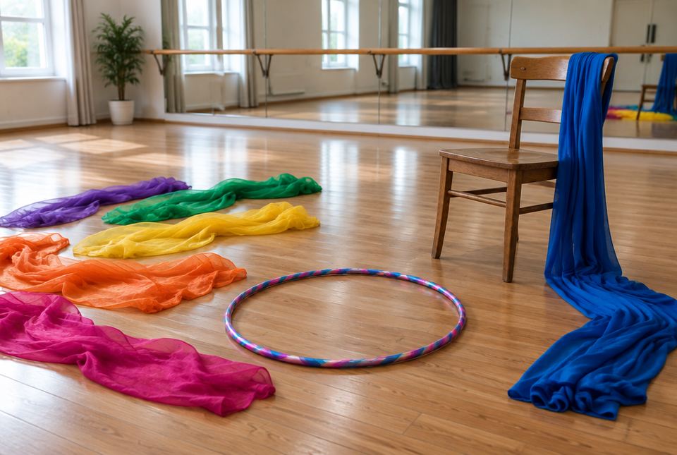 Silk scarves, a hoop, a chair and stretchy fabric on a dance studio floor.