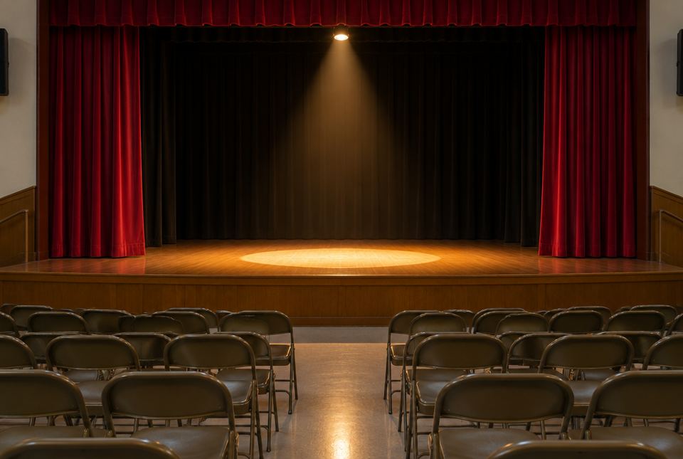 An empty school stage with red curtains and a single spotlight on the floor.