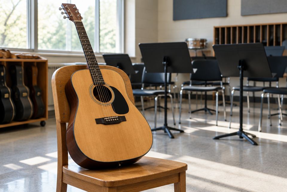 An acoustic guitar resting on a chair in a music room.