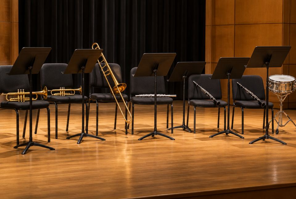 Band instruments resting on chairs on a school stage before a concert.