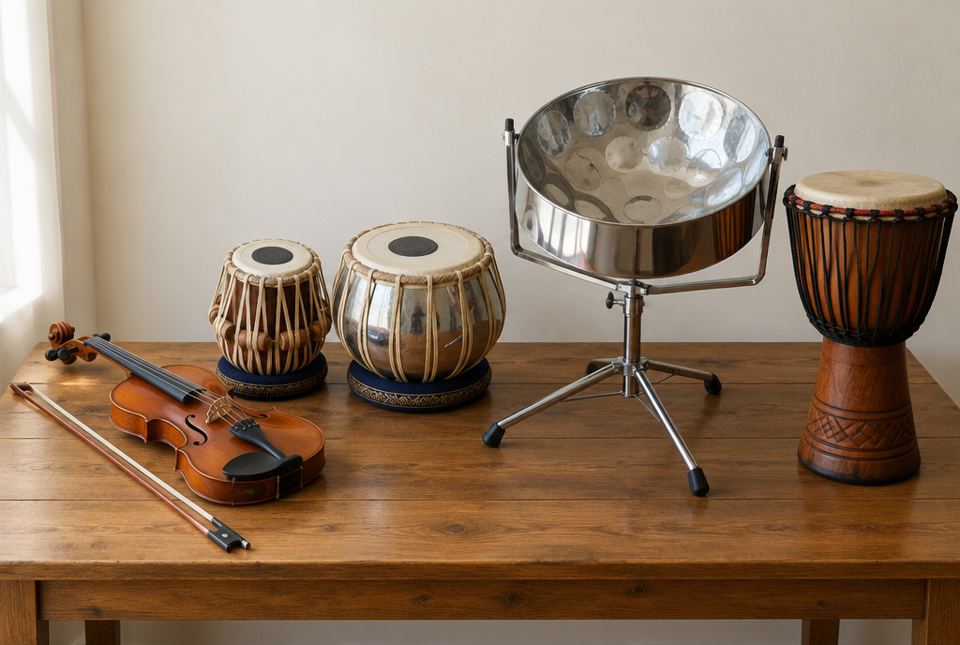 A violin, a pair of tabla drums, a steel pan and a djembe on a museum table.