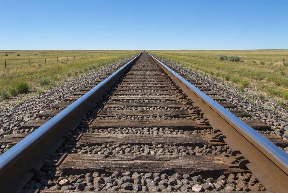 A straight railway track whose two rails seem to meet at one point on the horizon.
