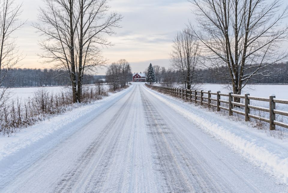 A snowy country road and fence leading straight toward a red farmhouse in the distance.