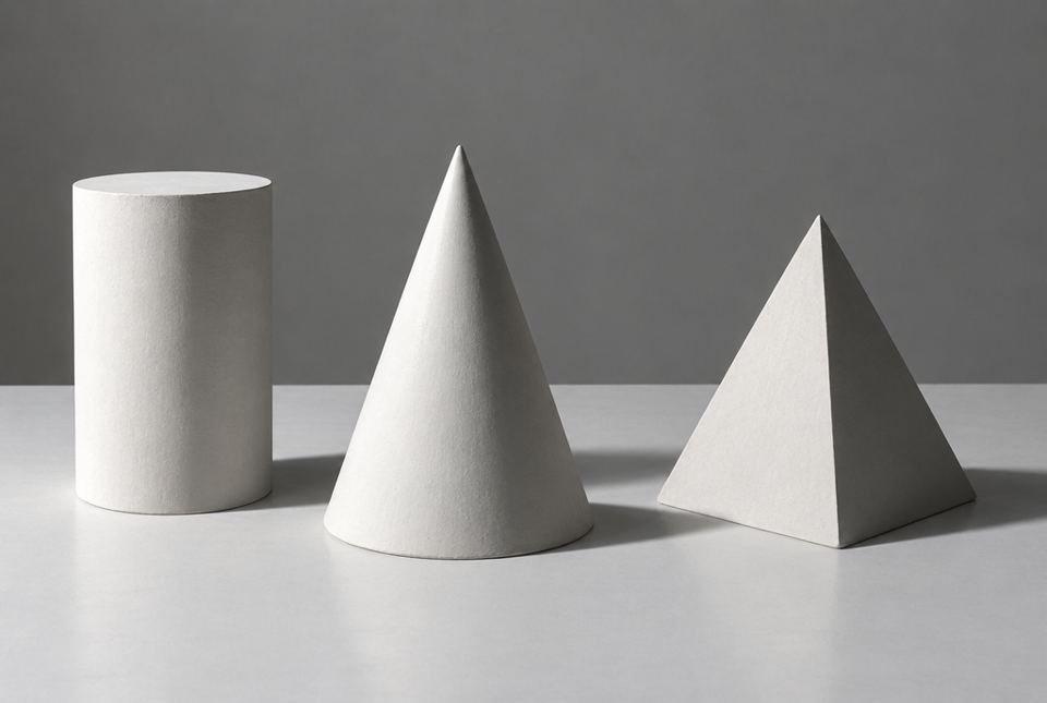 A white cylinder, cone and pyramid lit from one side, each with a shadow on the table.
