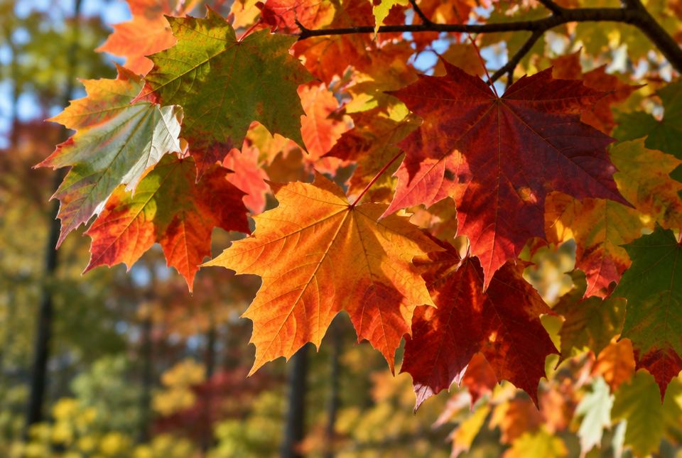 Close-up of maple leaves in red-orange, yellow-orange and deep red.