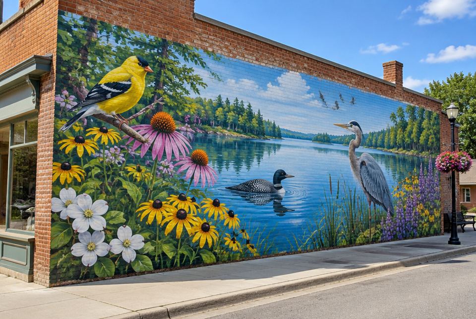 A large colourful mural of birds, flowers and a lake on the side of a brick building.
