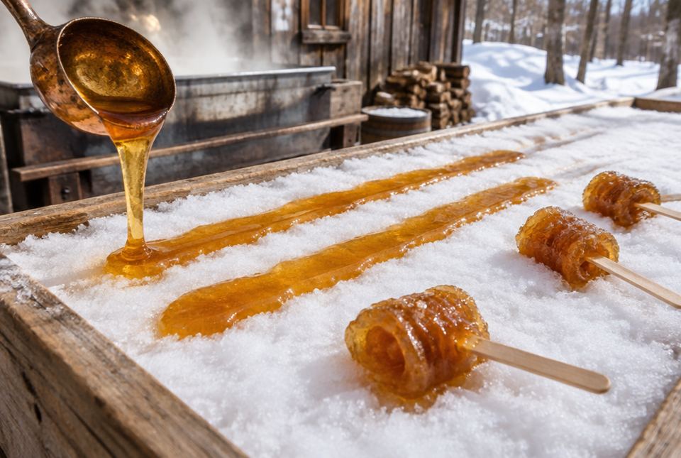 Hot maple syrup is poured in golden lines onto clean packed snow, and some strips are rolled onto wooden sticks.