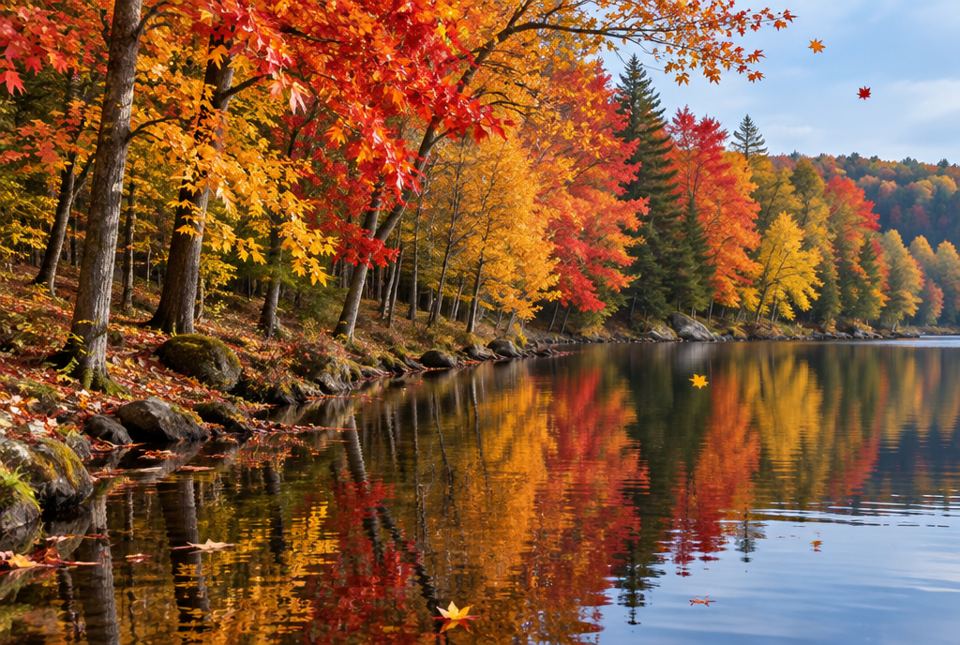 Maple trees with bright red, orange and yellow leaves stand beside a calm lake that reflects their colours.