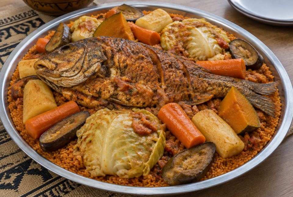 A large platter of thiéboudienne: tomato rice topped with a whole fish and pieces of cassava, carrot, cabbage, eggplant and pumpkin.