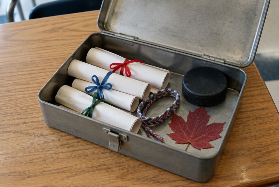 An open metal box holds rolled-up letters tied with ribbon, a hockey puck, a friendship bracelet and a red maple leaf.