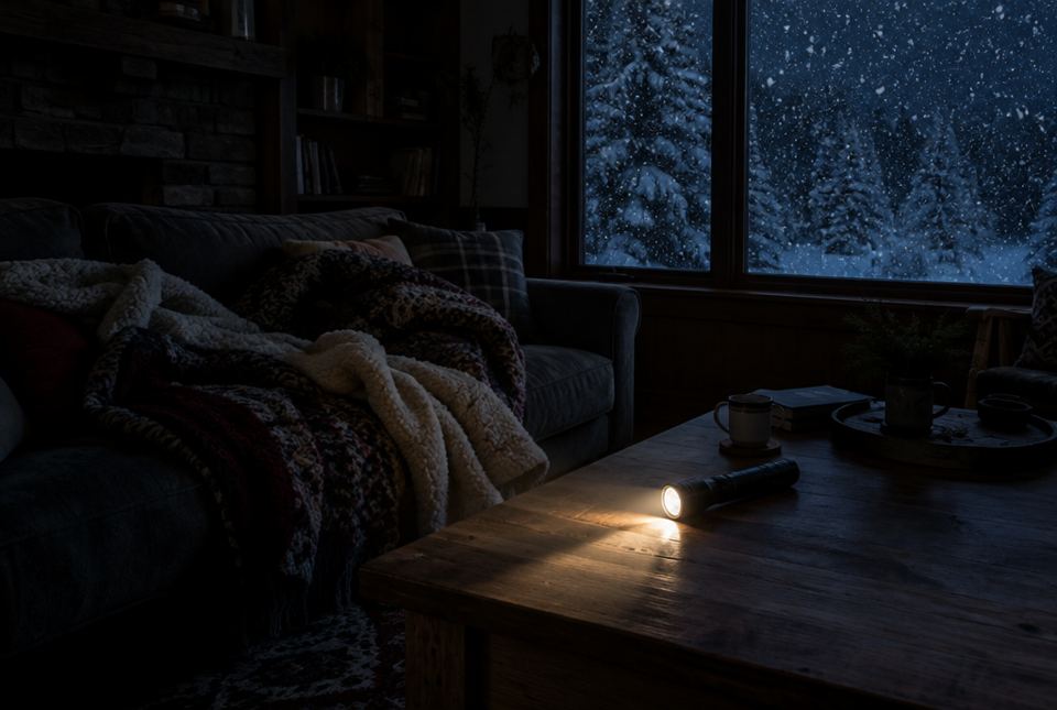 A dark living room lit only by a flashlight on a table, with blankets on the sofa and snow falling outside the window.