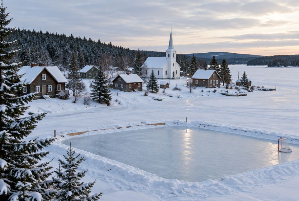 A small snowy village with wooden houses and a white church sits beside a frozen lake with an outdoor skating rink.