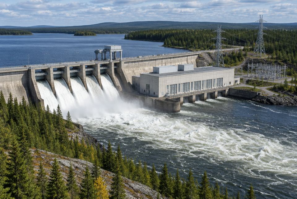 Water rushes out of the spillway of a large concrete dam on a wide northern river, with transmission towers nearby.