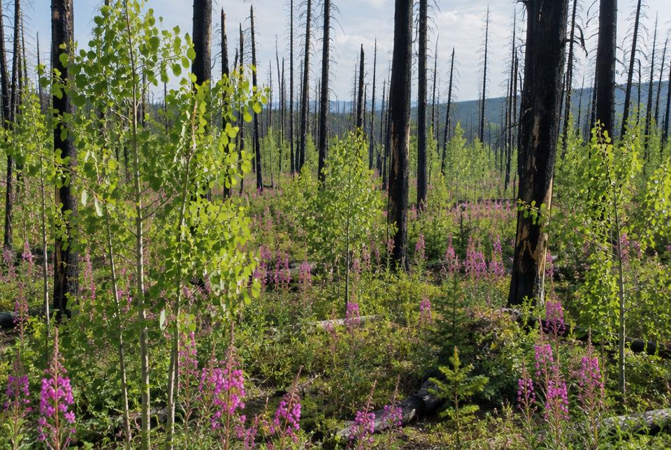 Bright green young aspen trees and pink fireweed grow among blackened standing tree trunks after a forest fire.