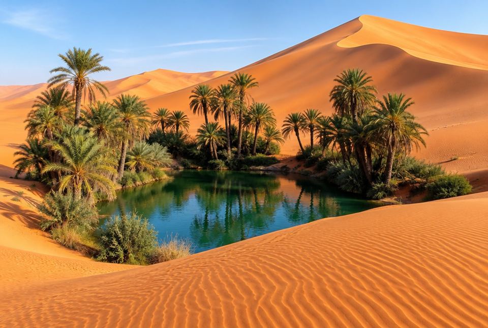 Date palms surround a small pool of water in a hollow between tall orange sand dunes.