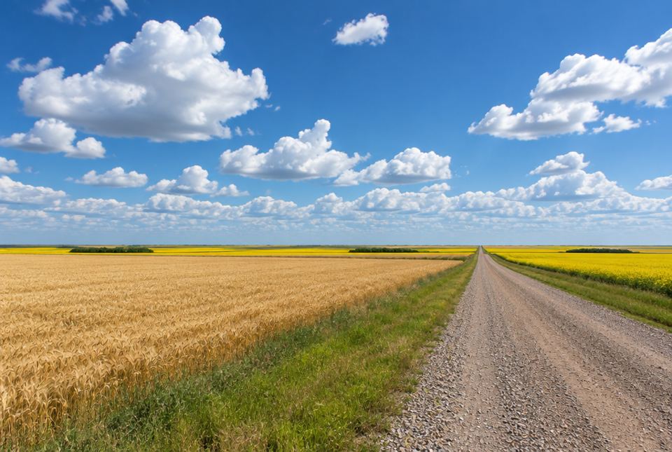A straight gravel road runs between golden wheat and yellow canola fields across flat land under a big blue sky.