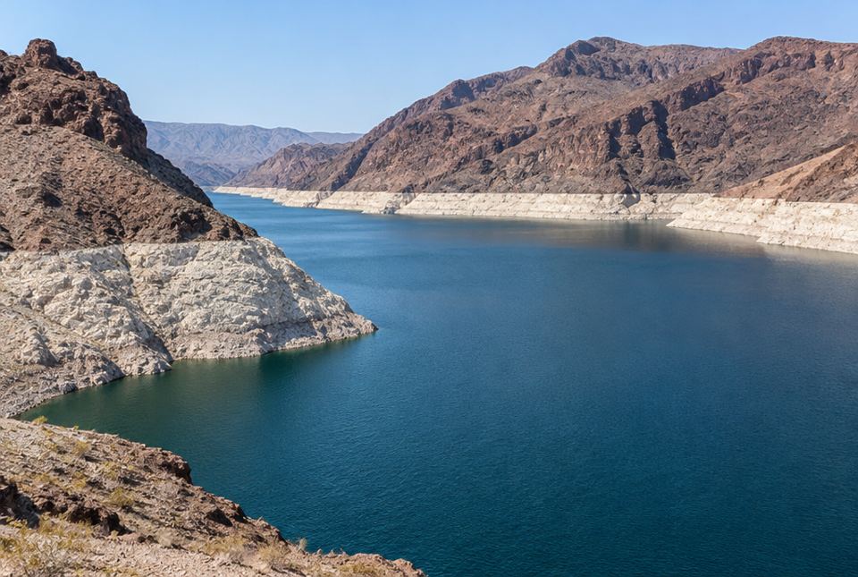 A blue reservoir lies between dry rocky mountains, with a wide band of pale rock above the water line.