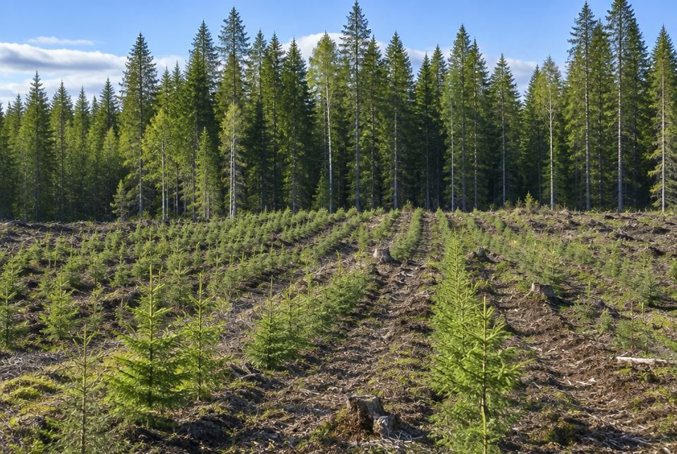 Rows of young spruce and pine seedlings grow in a harvested area in front of a tall mature conifer forest.
