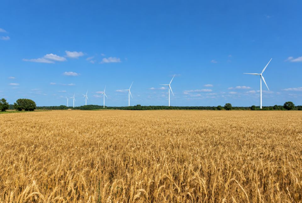 A golden wheat field stretches toward a row of white wind turbines under a blue sky.