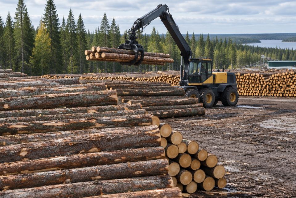 A loading machine lifts logs onto large stacks of freshly cut logs at a sawmill yard in a northern forest.