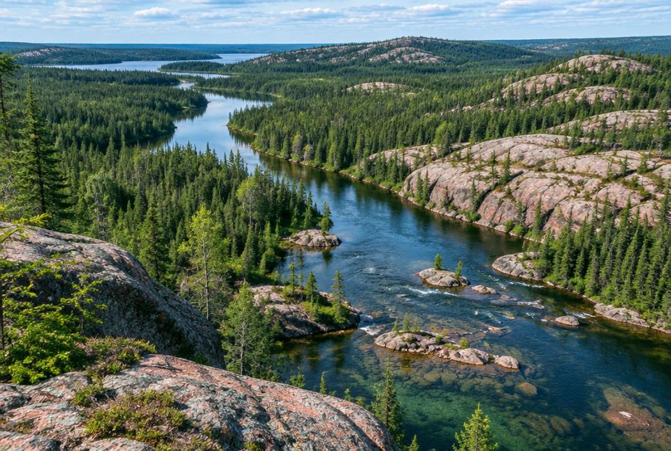 A clear river winds through a green boreal forest and pink granite rock outcrops, seen from a high lookout.
