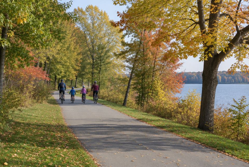 A family rides bicycles along a paved park trail lined with autumn trees beside a lake, seen from behind at a distance.