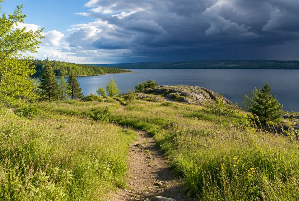 A hiking trail leads through tall grass to a rocky lookout over a lake, where dark storm clouds are building across the water.