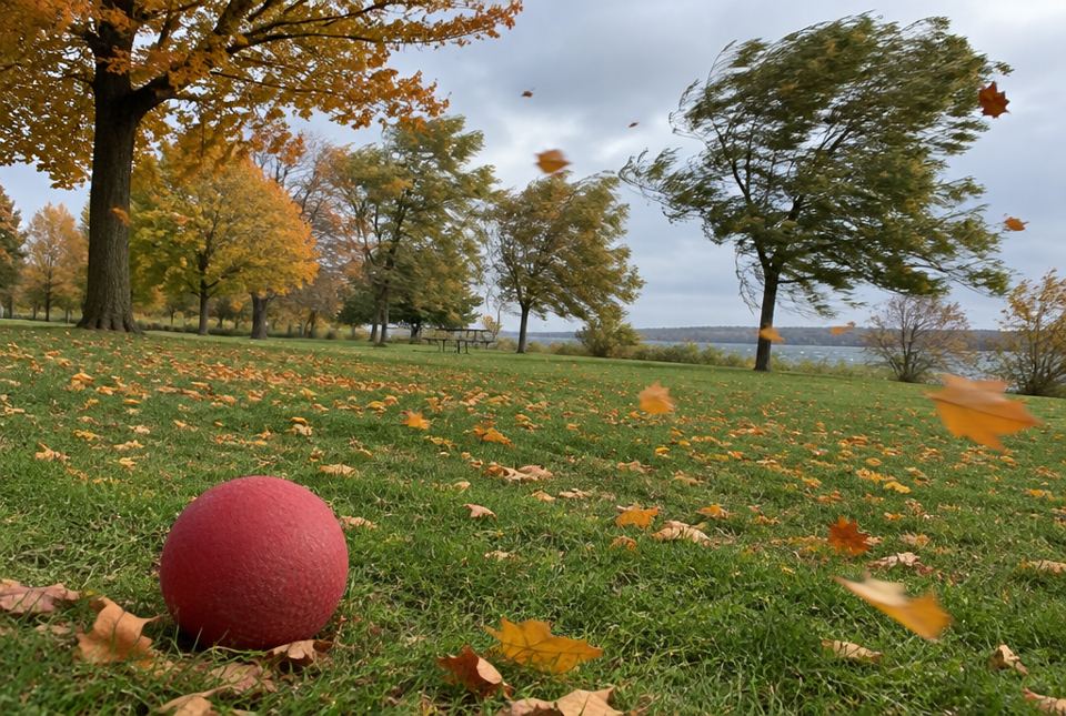 A red rubber ball lies on the grass in a park where the trees are bending in the wind and leaves are blowing.