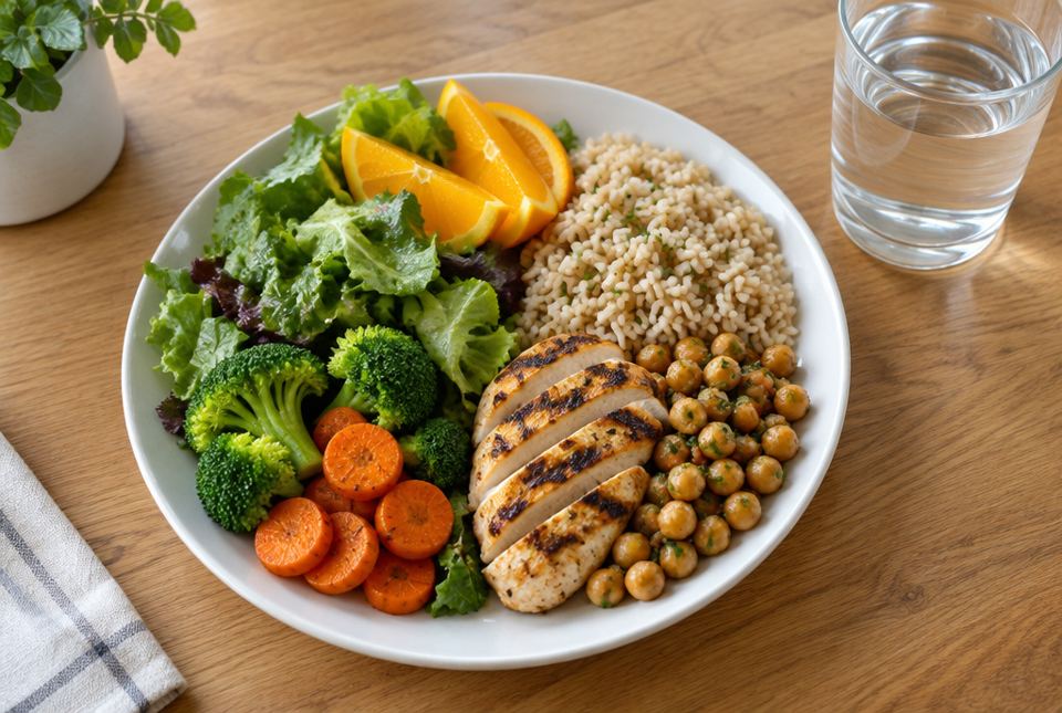 A plate with half vegetables and fruit, a quarter brown rice and a quarter grilled chicken and chickpeas, beside a glass of water.