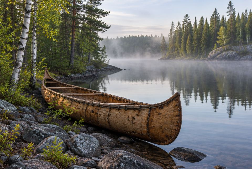 A birchbark canoe resting on the rocky shore of a misty river in a forest of pines and birches.