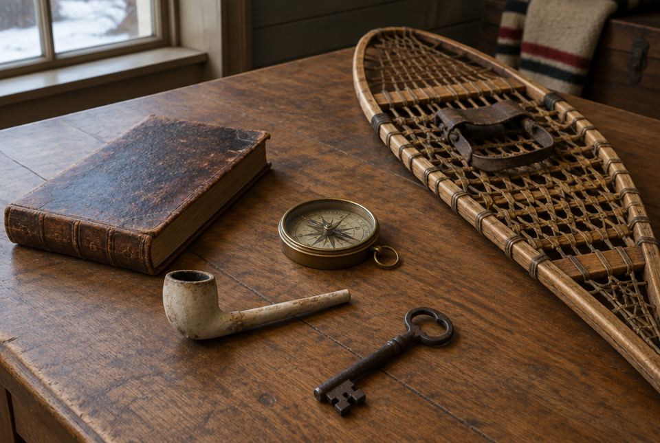 An old leather-bound book, a brass compass, a clay pipe, an iron key and a wooden snowshoe lie on a museum table.