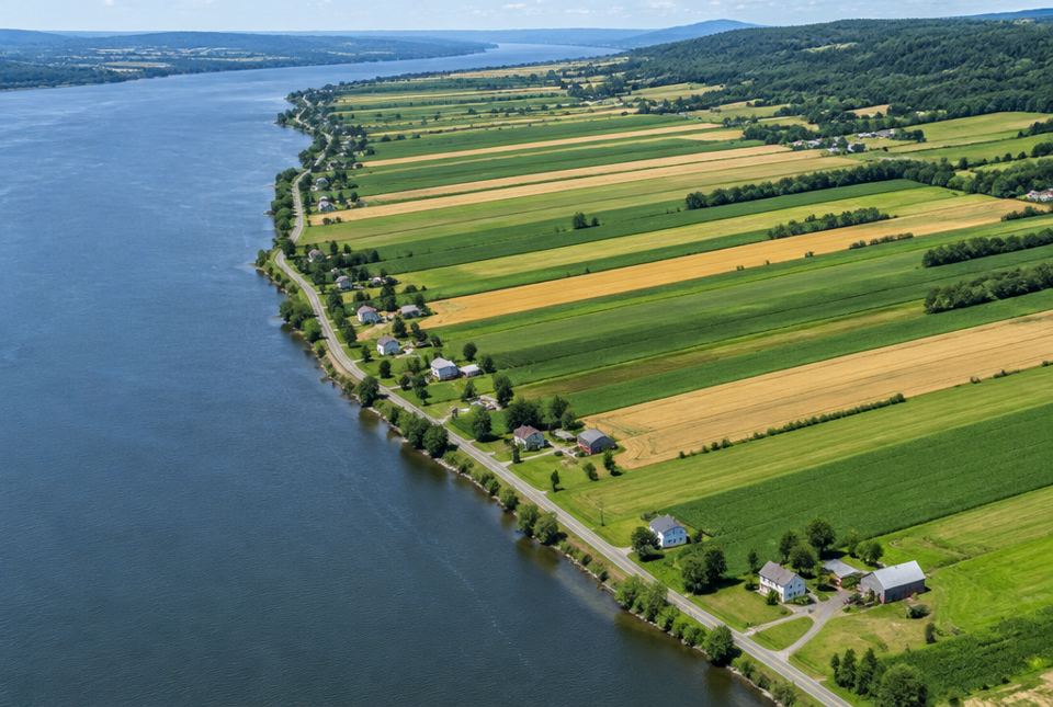 An aerial view of long, narrow farm fields stretching back from the St. Lawrence River, with farmhouses lined up along the riverside road.