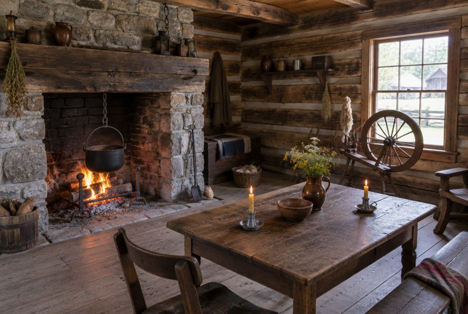 A reconstructed log cabin interior with a fire in a stone fireplace, an iron pot, candles on a wooden table and a spinning wheel.