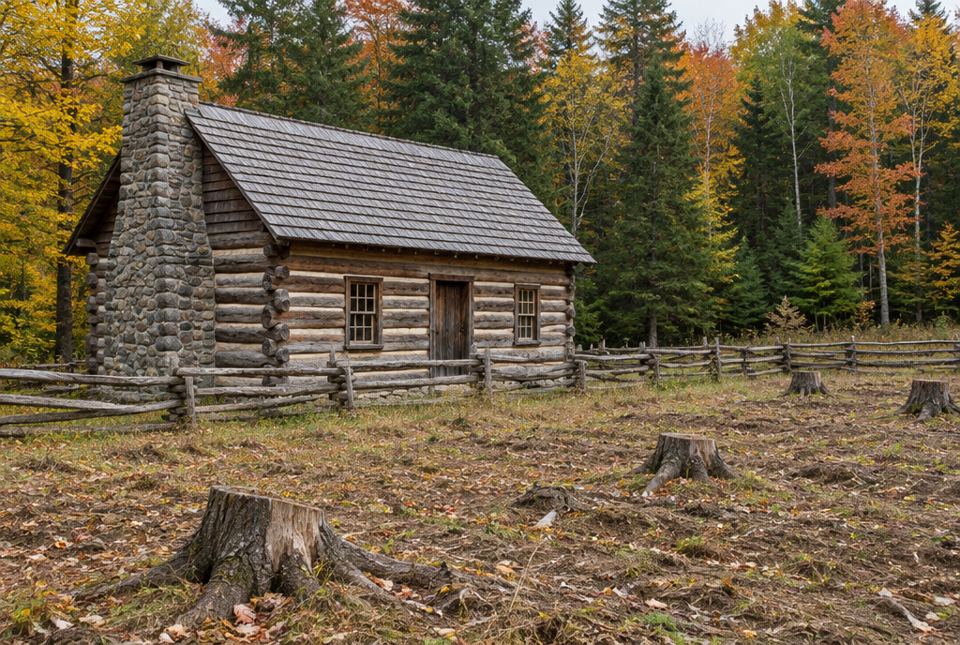 A reconstructed log cabin with a stone chimney at a heritage village, beside a rough field full of tree stumps and a split-rail fence.